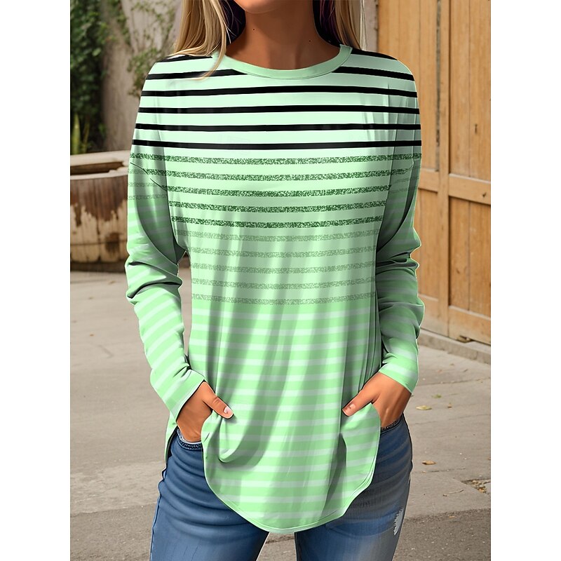 Women's T Shirt Graphic Geometric Striped Vintage Fashion Stylish Long Sleeve Crew Neck Round Neck Regular Tops Weekend Print Pink Blue Purple Green Spring Fall4