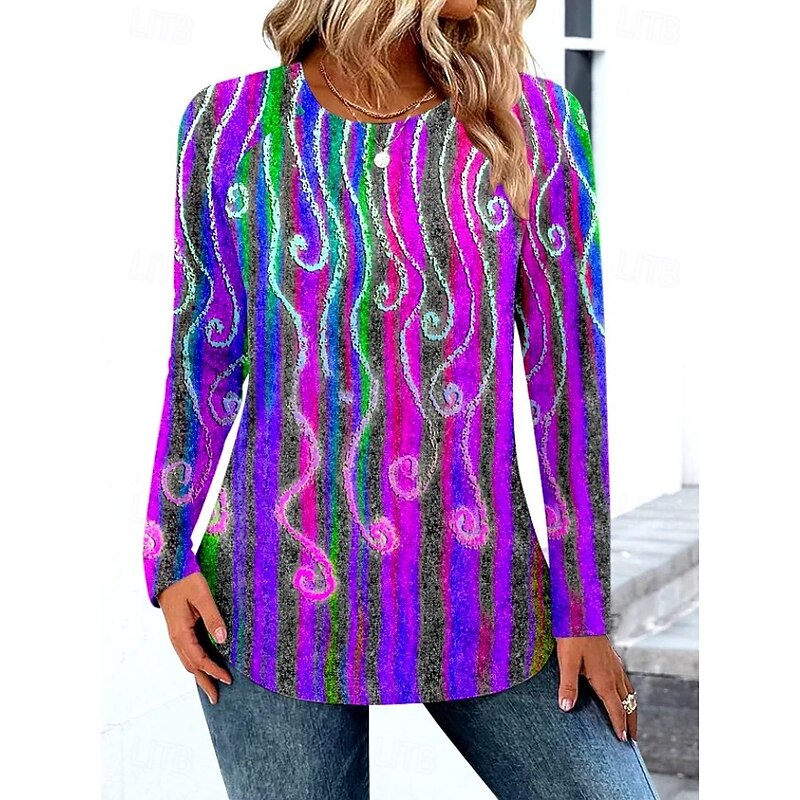 Women's T shirt Long Sleeve Crew Neck Long Sleeve Tunic Ombre Graphic Striped Vintage Stylish Round Neck Regular Tops Daily Print Red Purple Brown Fall Prefall2