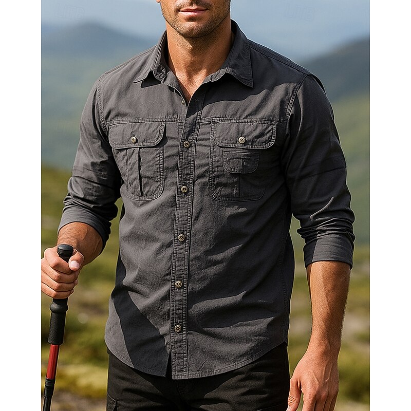 Men's Cargo Shirt Hiking top Zip-off Sleeve Shirt Long Sleeve Turndown Top Outdoor Quick Dry Cotton Blend Grey Traveling Running - Main Image