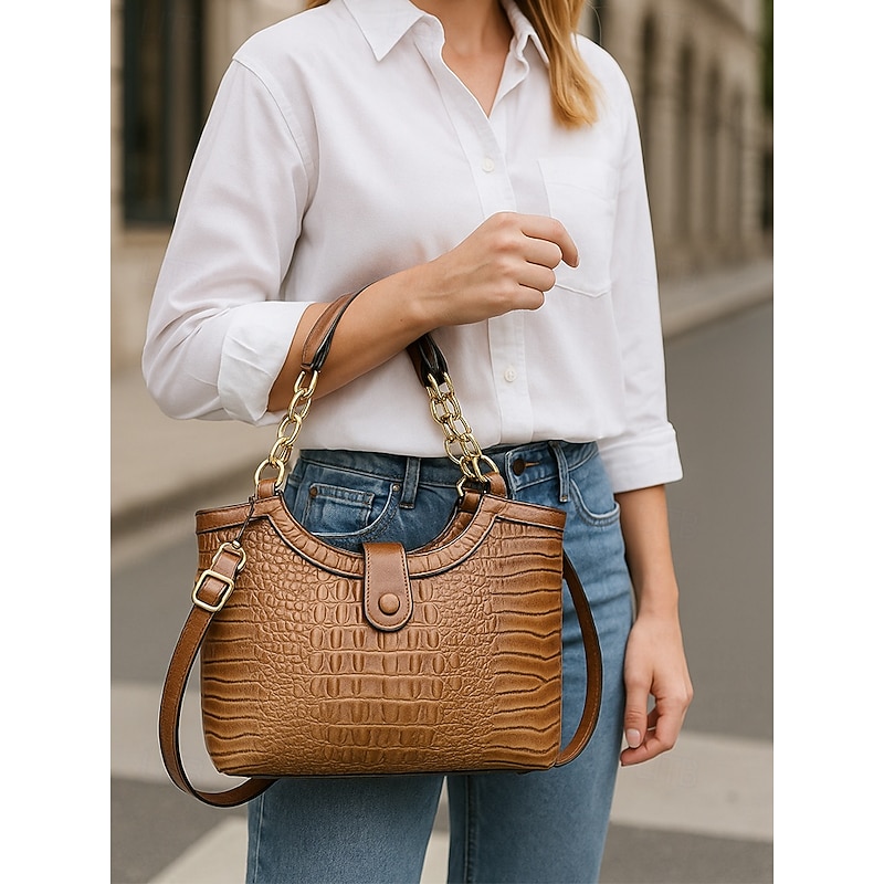 Women's 2-Piece Faux Leather Crocodile Tote Bag Set – Stylish Shoulder Handbag with Chain Detail and Wallet for Work, Travel and Daily Use3