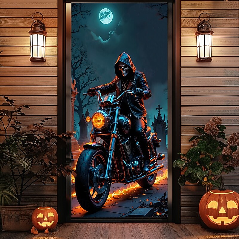 Halloween Door Covers Door Death Motorcycle Tapestry Door Curtain Decoration Backdrop Door Banner for Front Door Farmhouse Holiday Party Indoor Outdoor Decor Supplies3