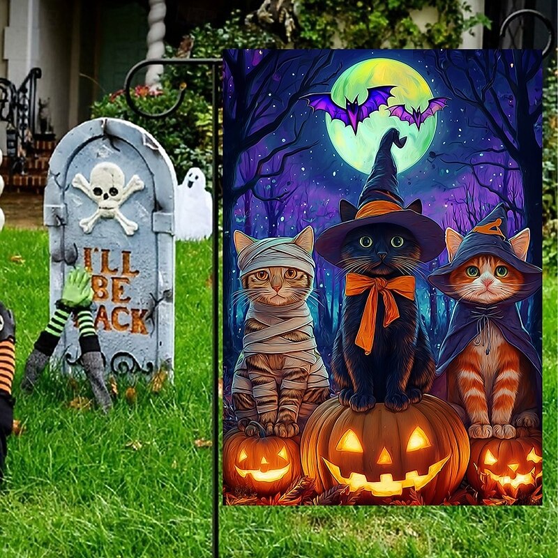 Halloween Garden Flag Banner – Three Costumed Cats under Moonlight, Double-Sided Weather-Resistant Yard Flag for 2025 Halloween Holiday Outdoor Lawn, Porch Decoration3