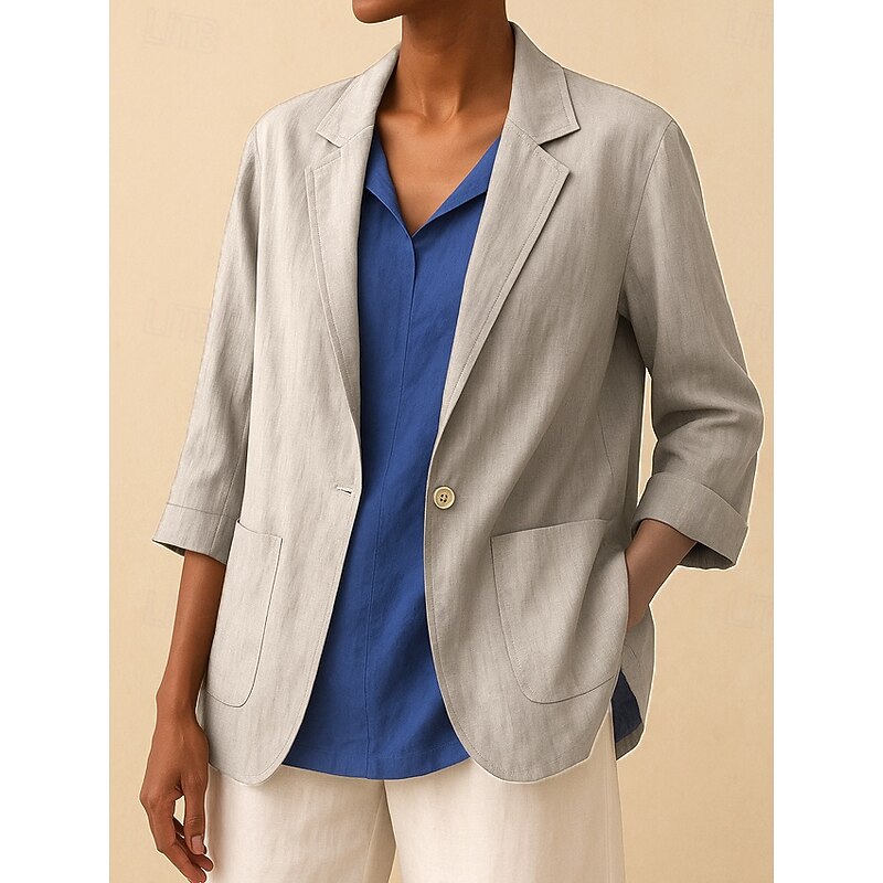 Women's Cotton Linen Blazer Comfortable Breathable Pocket Buttons Vintage Casual Plain Office Street Casual Daily Wear Single Breasted Regular Turndown Regular Fit Long Sleeve Outerwear Black3
