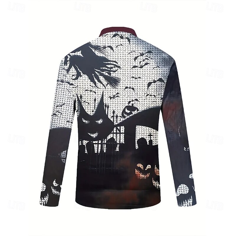 Halloween Men's Pumpkin Witch Waffle Polo Shirts Long Sleeve Polo Shirts Collared Shirts Casual Dark Daily Wear Festival Wear 3D Print Buttons Spring Fall Winter Black2