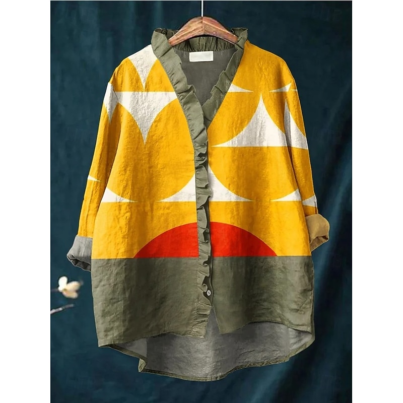 Women's Boho Shirt Graphic Geometric Elegant Bohemia Active Long Sleeve Regular Tops Daily Holiday Going out Ruffle Black Yellow Pink Orange Khaki Summer Spring Fall2