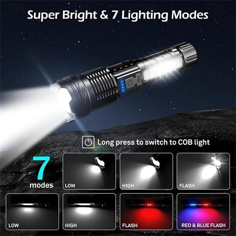 Rechargeable Tactical Flashlight, Powerful flashlights high lumens with 7 Light Modes, Cob Warning Side Light, IPX6 Waterproof, Zoomable Beam, Emergency Handheld Flash Light for Camping Home3