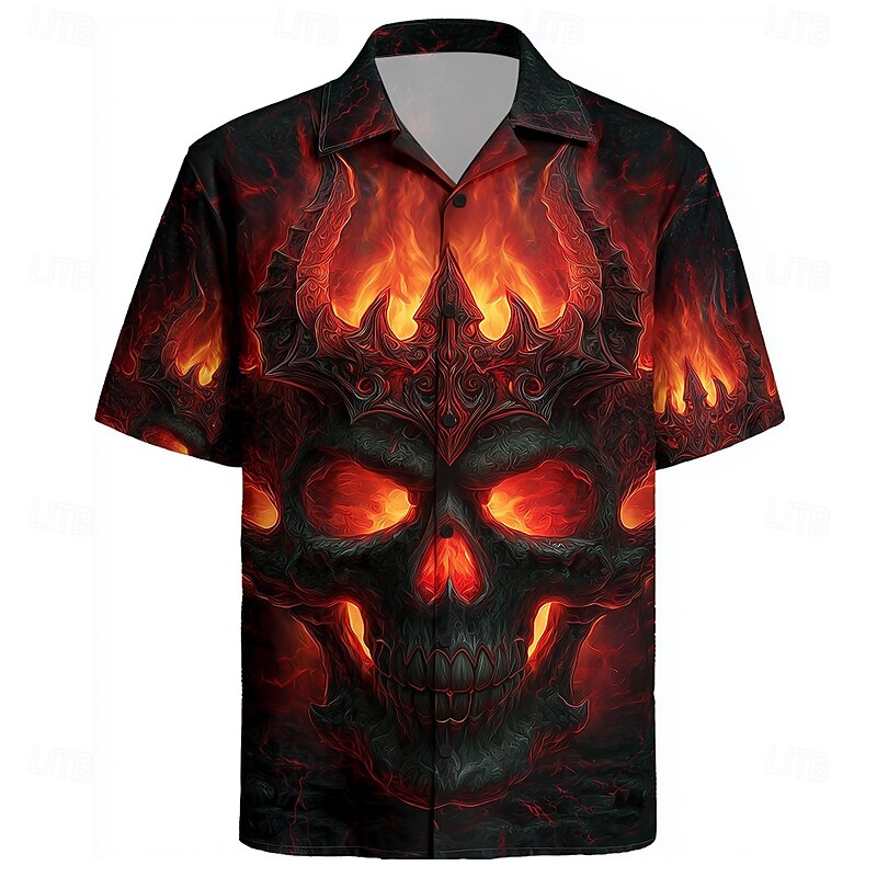 Men's Skull Flame Halloween Costumes Shirt Cuban Collar Shirt Button Up Shirt Short Sleeve Dark Punk Gothic Style Holiday Streetwear Summer Camp Collar Shirt 3D Print Red Orange2