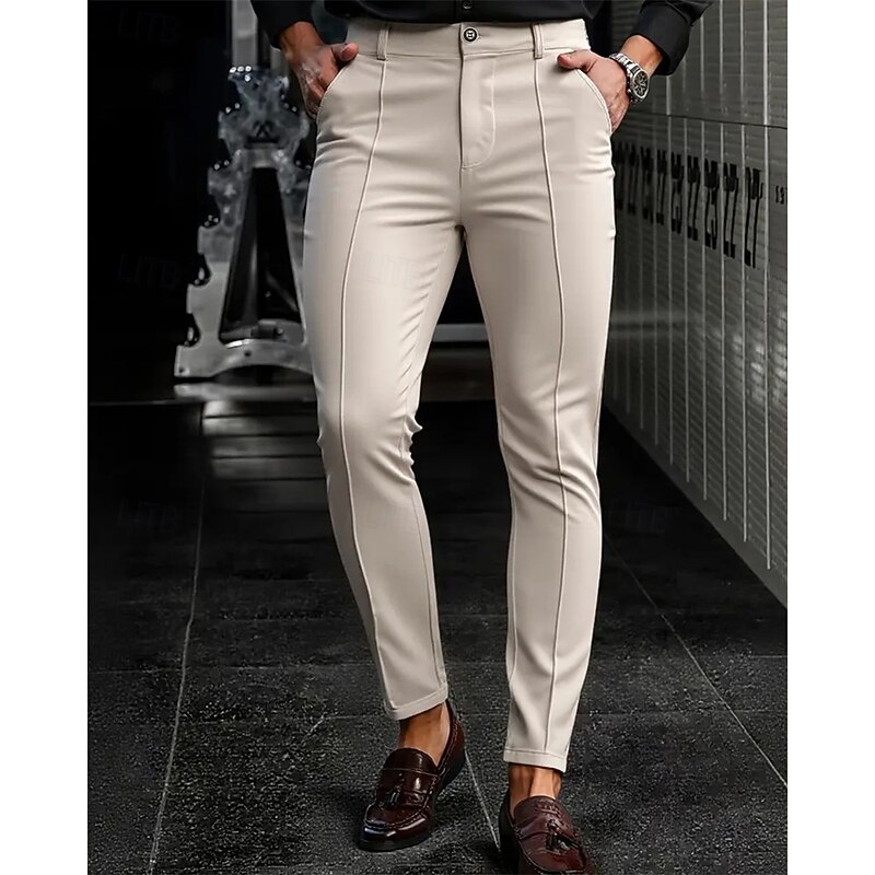 Men's Dress Pants Skinny Trousers Chinos Pocket Buttons Plain Comfort Formal Party Work Fashion Classic Style Black Dark Blue Micro-elastic