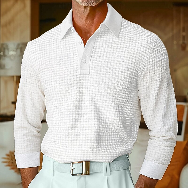 Men's Waffle Polo Shirts Golf Shirt Street Casual Lapel Long Sleeve Basic Modern Plain Textured Buttons Spring Fall All Seasons Regular Fit BlueGray Black White Yellow Red Grey Waffle Polo Shirts2