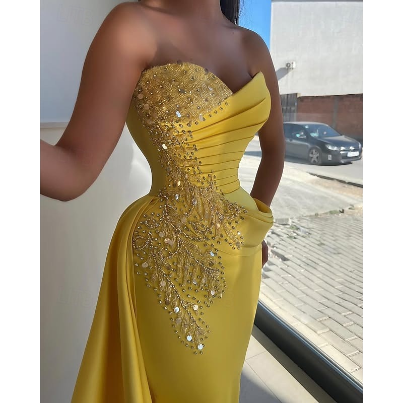 Mermaid / Trumpet Evening Gown Elegant Dress Formal Wedding Floor Length Sleeveless StraplessMother Of the Bride Dress Satin with Rhinestone Glitter Ruched3