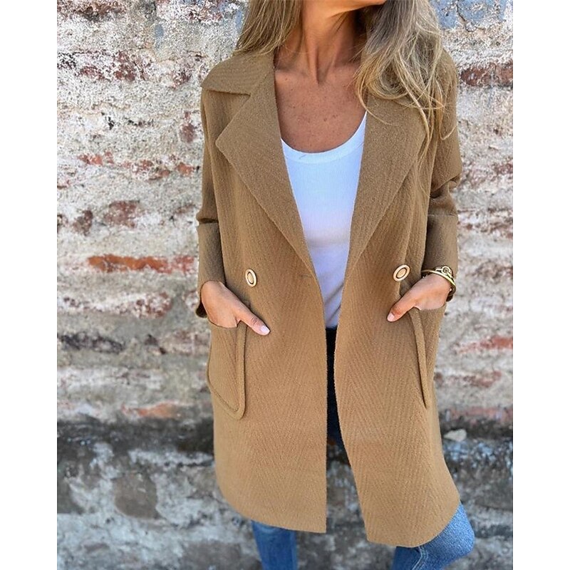 Women's Coat Trench Coat Warm Comfortable Pocket Buttons Fashion Modern Casual Plain Going out Weekend Double Breasted Long Peaked Lapel Regular Fit Long Sleeve Outerwear Black White Camel Fall Winter