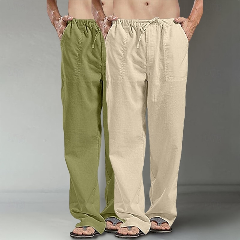 Men's Linen Pants Trousers Summer Pants Baggy Pants Beach Pants Pocket Drawstring Straight Leg Plain Comfort Breathable Full Length Daily Streetwear Fashion Casual / Sporty Black+Navy Blue Navy4