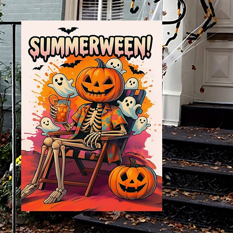 Halloween Garden Flag Banner – "Summerween" Sitting Skeleton with Pumpkin, Double-Sided Weather-Resistant Yard Flag for 2025 Halloween Holiday Outdoor Lawn, Porch Decoration3