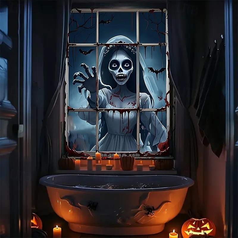 Halloween Window Curtain Creepy Skeleton Peeking Through Window, Scary , Scary Door Cover, Window cover,  Wall Tapestry for 2025 Halloween Haunted House Spooky Home Decoration2