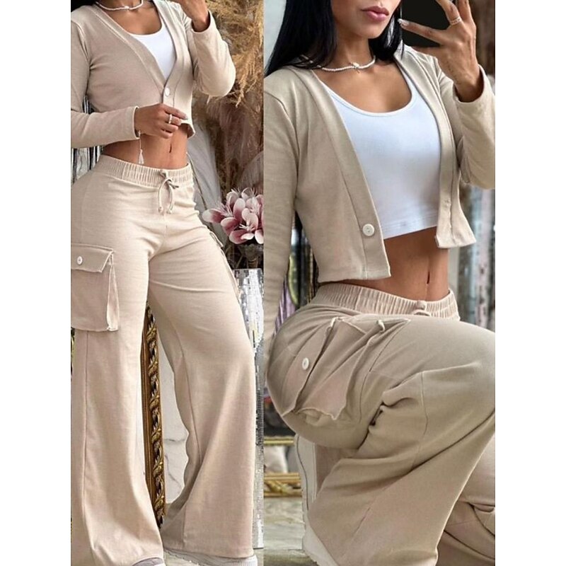 Women's Fashion Streetwear Pants Sets Long Sleeve V Neck Solid Color Drawstring Vacation Casual Daily Yellow Sky Blue Khaki Summer Regular Fit4