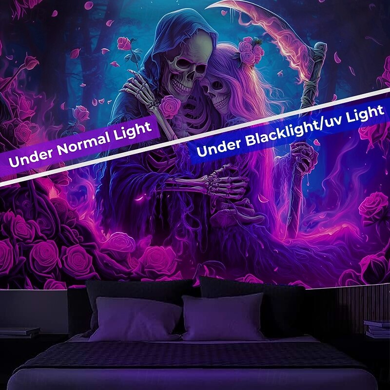Halloween Wall Tapestry Neon Grim Reaper with Hourglass Design, Glowing Blacklight Decoration for 2025 Halloween Bedroom, Living Room, Dorm, or Party Backdrop3