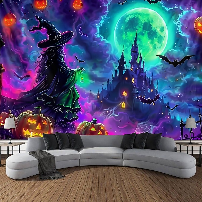 Halloween Blacklight Wall Tapestry – UV Reactive Glowing Moon over Haunted Forest Neon Colors Spooky Night Scene, Glow in the Dark Gothic Wall Hanging for 2025 Halloween Home and Party Decoration2