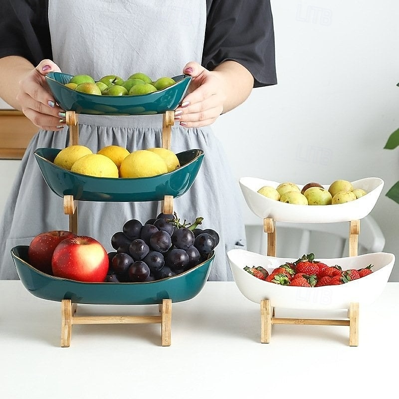 Creative Modern Multi-layer Fruit Plate Elegant Three Tier Snack Tray Bamboo Wood Rack for Candy Dessert Nuts Home Kitchen Countertop Display