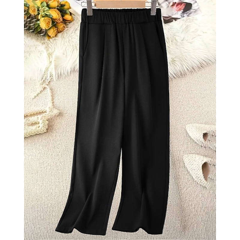 Women's Wide Leg Dress Pants Fashion Streetwear Full Length Natural Plain Pocket Elastic Waist Comfortable Formal Office Going out Grey Black Fall Regular Fit2