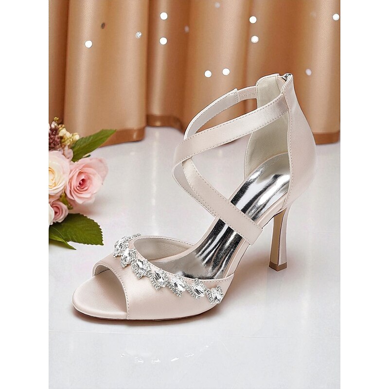 Women's Satin Rhinestone Peep Toe High Heel Sandals - Elegant Crisscross Strap Dress Shoes for Ladies, Ideal for Cocktail Parties and Formal Events