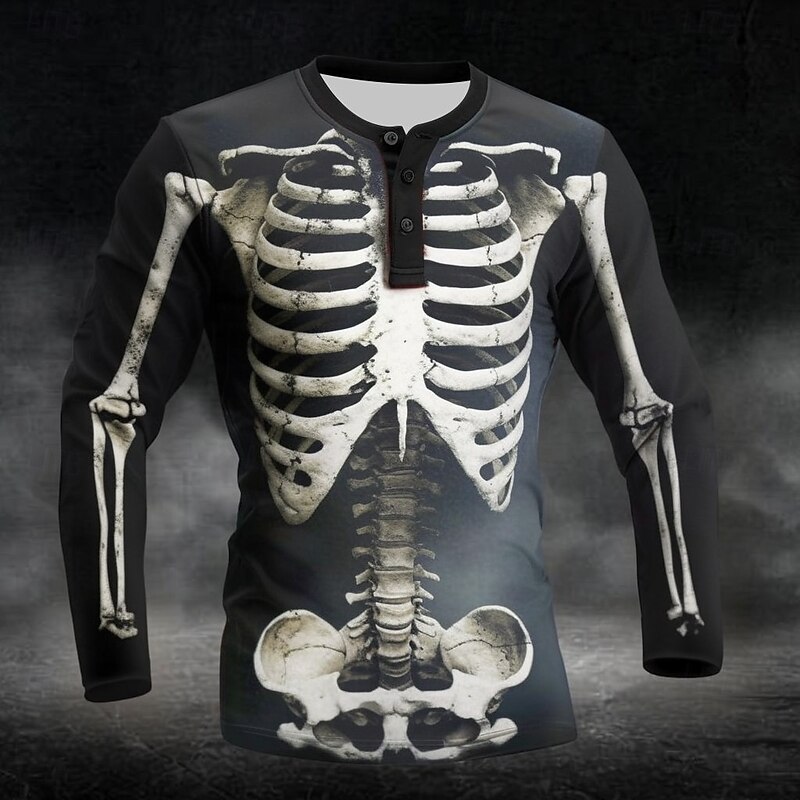 Men's Halloween Graphic Skeleton Henley Shirt Long Sleeve Fashion Cute Daily Halloween Casual Holiday Fall Spring &  Fall Black Henley Henley T-Shirt