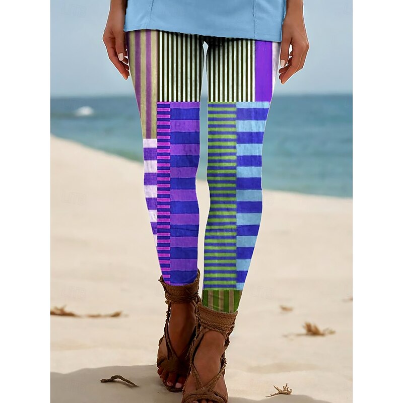 Women's Leggings Vacation Vintage Ethnic Style Ankle-Length High Waist Graphic Geometric Plaid Checkered 3D Print Breathability Soft Comfortable High Elasticity Outdoor Home Causal Violet Blue Rainbow3