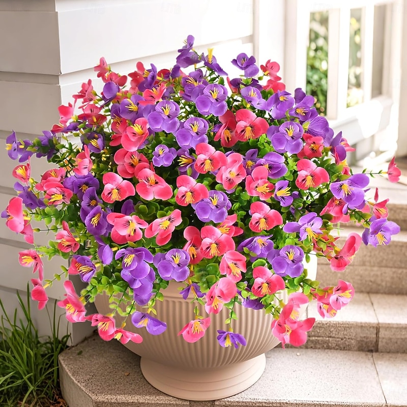 12 Bundles Outdoor Artificial Flowers Multicolor Pansy UV-Resistant Faux Panies Plants No Fade Plastic Fake Plant for Planter Porch Window Box Front Door Spring Decor - Pink Purple3