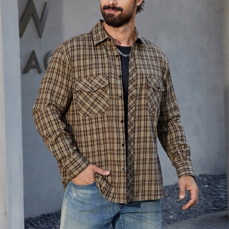 Men's Lightweight Jacket Shirt Jacket Casual Jacket Shacket Vacation Daily Breathable Pocket Spring Fall Plaid Fashion Classic Lapel Regular Black Yellow Jacket4