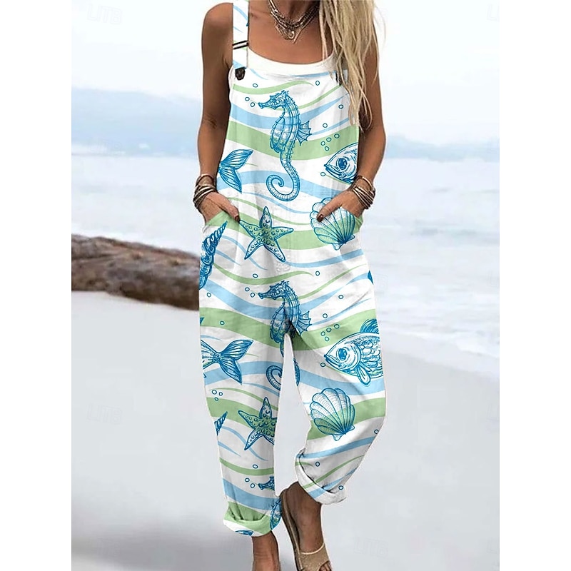 Women's Dungarees Active Graphic Sleeveless Print Vacation Street Loose Fit White Blue Green Summer2