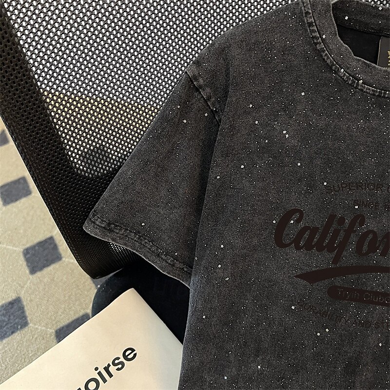 Women's Texture Blouse T Shirt Letter Fashion Modern Short Sleeve Crew Neck Regular Tops Daily Sequins Black Summer3