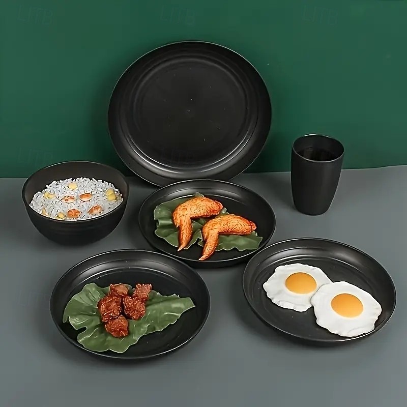 16pcs Unbreakable Dinnerware Set, Microwave & Dishwasher Safe Reusable Black Tableware, Includes 8 Plates, 4 Bowls, 4 Cups, Ideal for Camping and Everyday Use2