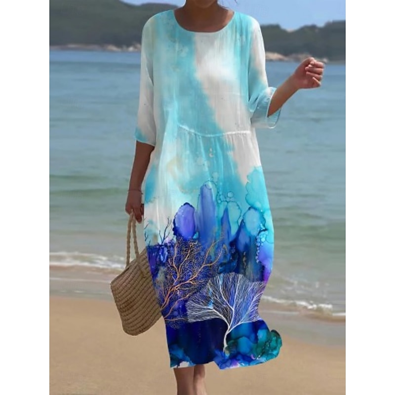 Women's Midi Dress Casual Dress Print Dress Fashion Modern Daily Beach Weekend Regular Fit Ombre Floral 3/4 Length Sleeve Crew Neck Royal Blue Blue Green Spring Fall Autumn