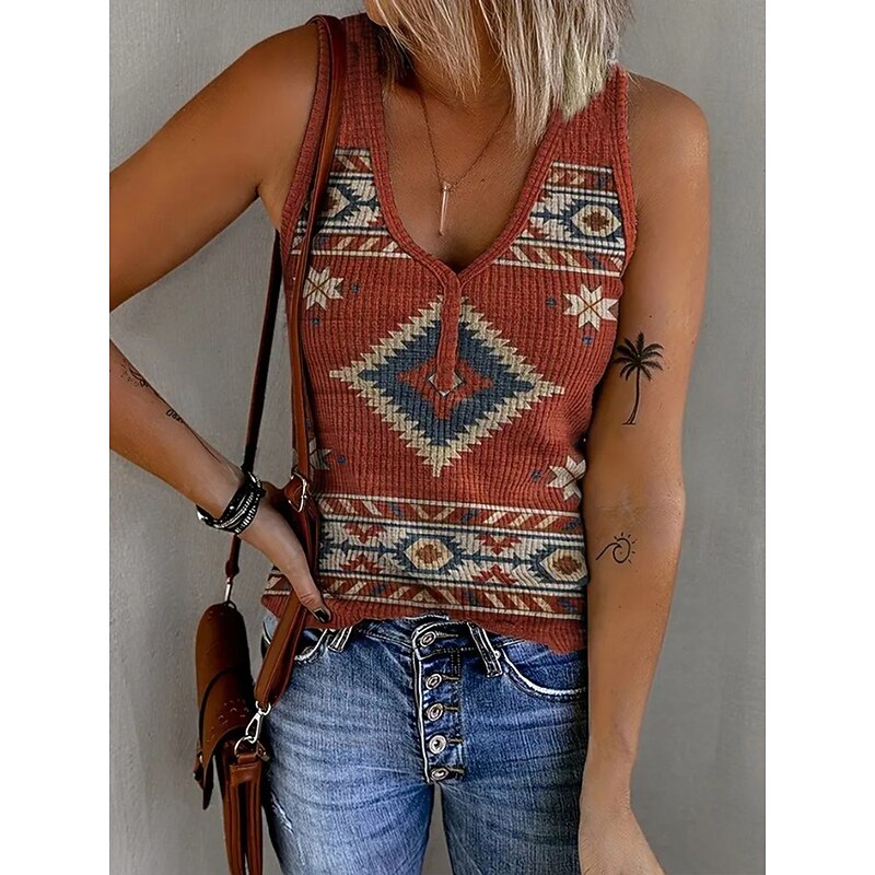 Women's Camisole Tank Top Graphic Geometric Abstract Bohemia Vintage Stylish Sleeveless V Neck Regular Tops Daily Print Red Light Brown Green Summer Spring