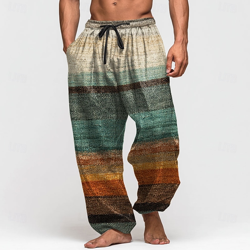 Men's Color Block Striped Trousers Baggy Pants Casual Pants Mid Waist Retro Vintage Outdoor Vacation Elastic Drawstring Waist Linen-Like Pants with Pockets Summer Spring Fall 3D Print Blue Purple