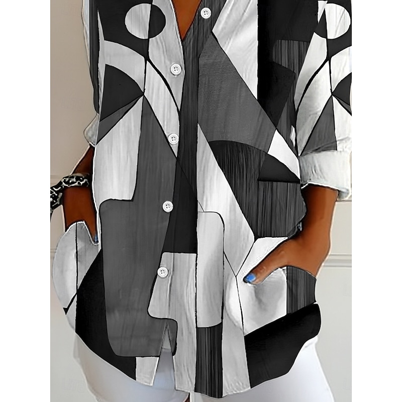 Women's Shirt Button Down Tunic Shirt Collar Long Sleeve Graphic Geometric Abstract Vintage Daily Stylish Regular Tops Work Daily Holiday s Print Black And White Pink Blue Purple Green Spring Fall3
