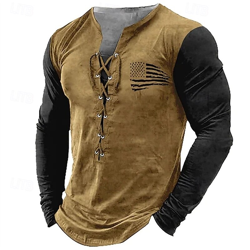 Men's Sweatshirt Black Navy Blue Blue Green Khaki V Neck Color Block National Flag Lace up Sports & Outdoor Daily Holiday Polyester Streetwear Basic Casual Spring Autumn / Fall Clothing Apparel