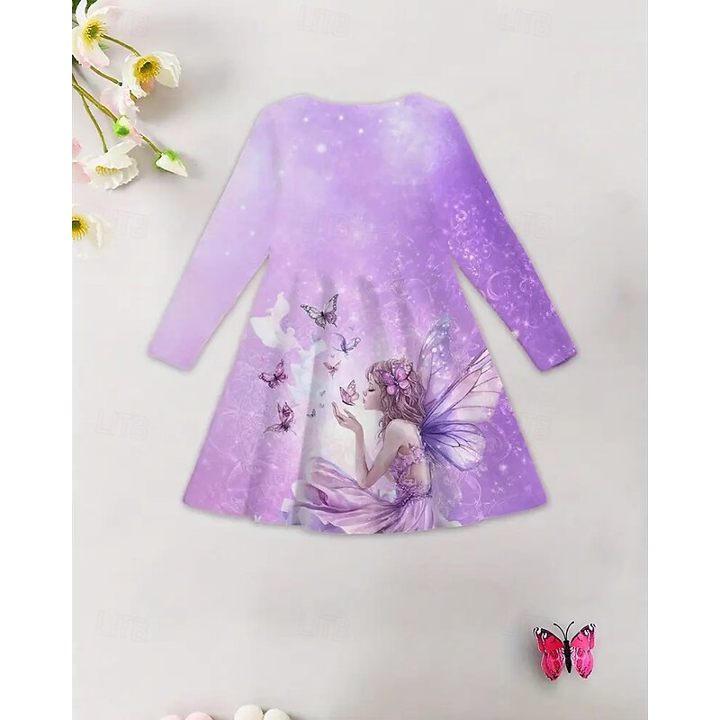 Girls' 3D Cartoon Butterfly Dress Long Sleeve Summer Spring Vacation Daily Holiday Princess Beautiful Sweet Kids 4-12 Years Casual Dress A Line Dress Knee-length Regular Fit4