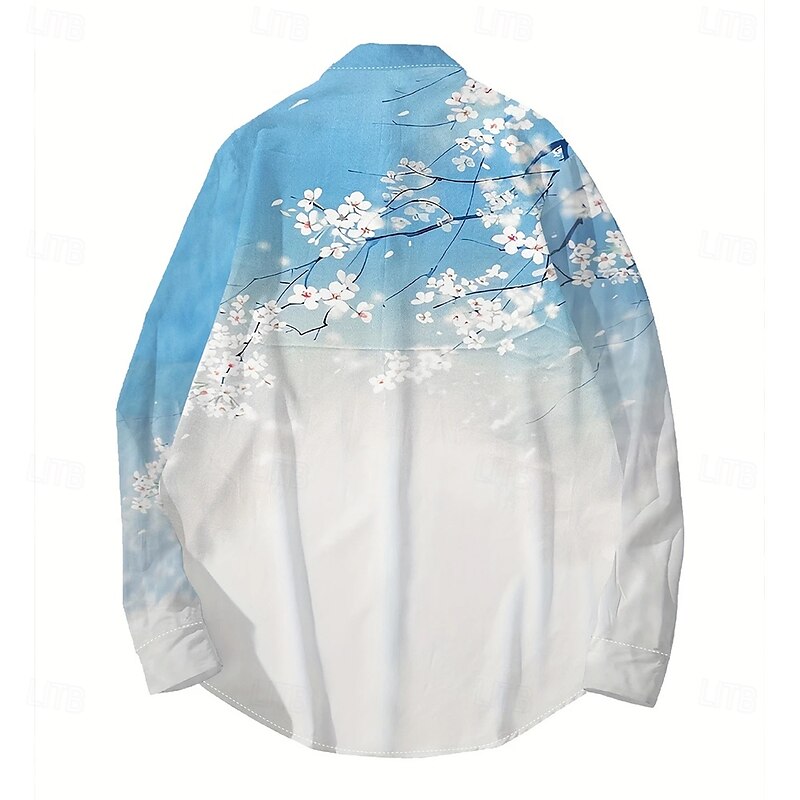 Men's Floral Print Flowers Shirt Stand Collar Shirt Long Sleeve Casual Vacation Daily Wear Going out Spring Fall Mandarin Collar Band Collar Button-Down Linen Like Shirt Blue2
