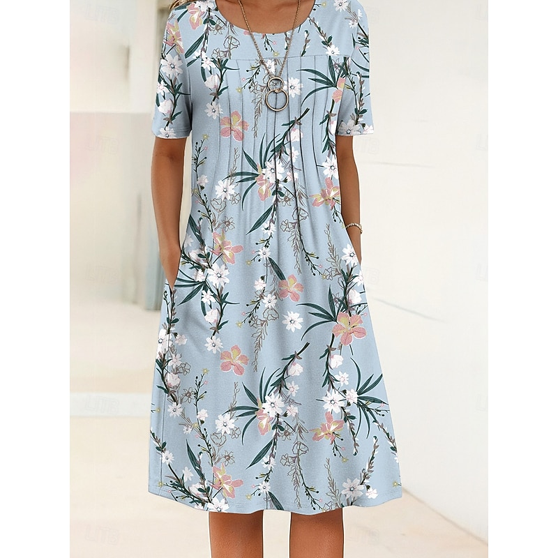 Women's Midi Dress Shift Dress Summer Dress Vacation Casual Daily Regular Fit Floral Graphic Short Sleeve Crew Neck White Pink Blue Sky Blue Summer Spring