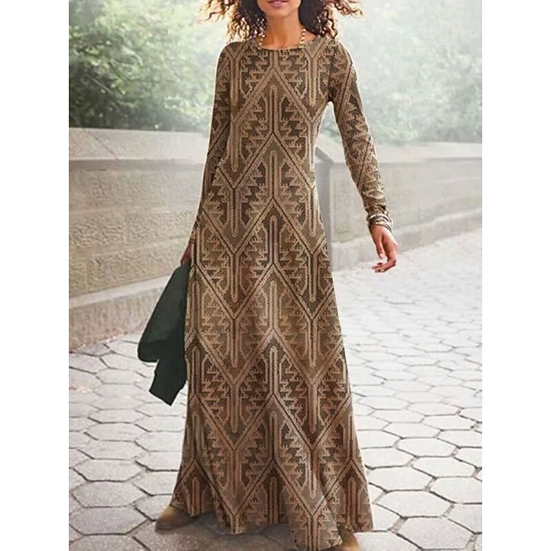 Women's Maxi Dress Vintage Bohemian A Line Dress Crew Neck Long Sleeve Casual Daily Regular Fit Graphic Paisley Abstract Yellow Blue Camel Spring Fall Winter Autumn2