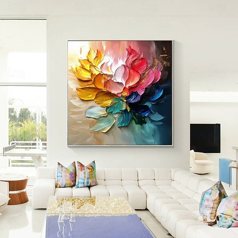Hand Painted Artisan Multicolor Blossom Oil Painting Vibrant Gradient Petals Textured Impasto Brushwork Framed in Natural Wood Modern Eclectic Homewith Teal Accents frame Painting3