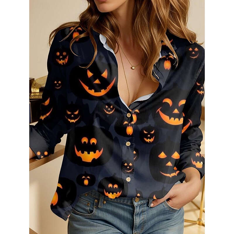 Halloween Women's Shirt Button Down Tunic Shirt Collar Long Sleeve Bat Graphic Active Vintage Cute Regular Tops Work Daily s Print Black Blue Orange Spring Fall Winter3