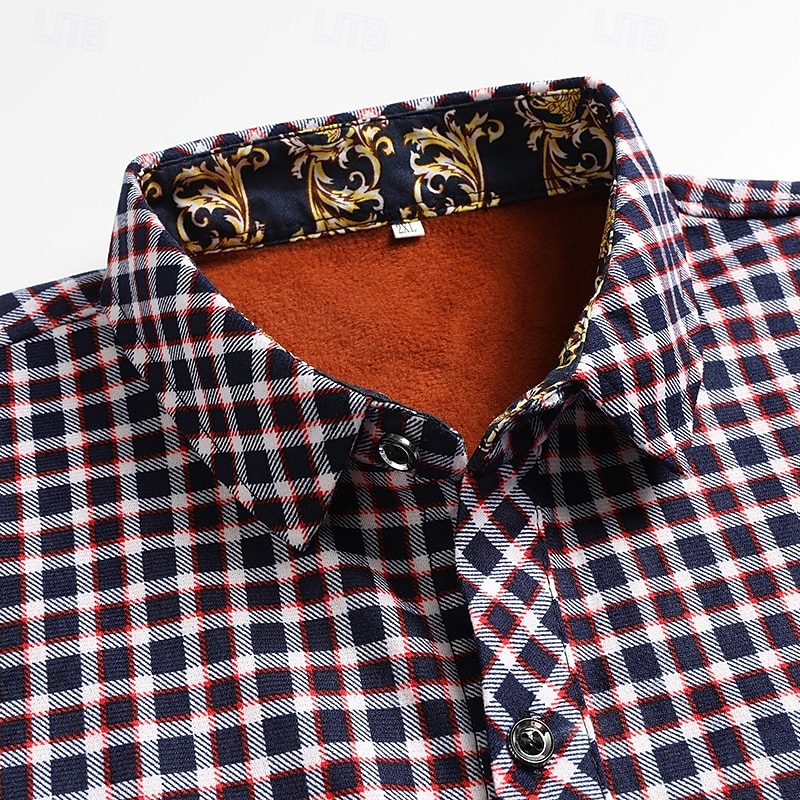 Men's Casual Shirt Flannel Shirt Plaid Shirt Button Up Shirt Red Blue Long Sleeve Plaid / Check Lapel Vacation Casual Daily Button-Down Clothing Apparel Polyester Fashion Casual Comfortable2