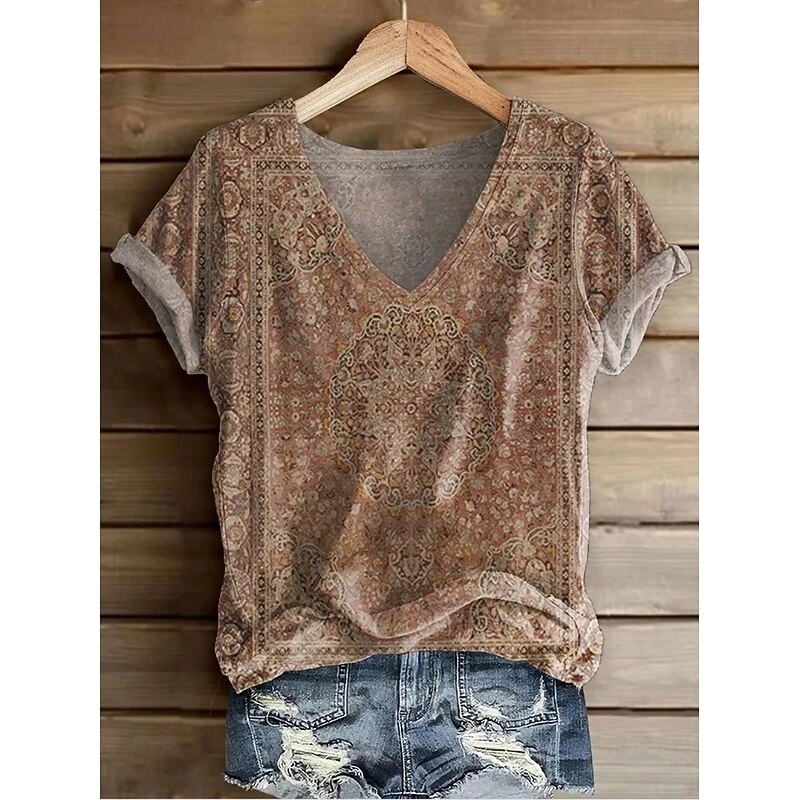 Women's T Shirt Floral Graphic Paisley Bohemia Vintage Stylish Short Sleeve V Neck Regular Tops Daily Going out Weekend Print Red Light Brown Green off-white Summer Spring4