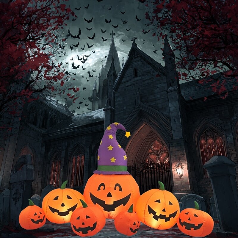 1 Pc 2.45M with witch hat shining 7 pumpkin inflatable models Halloween indoor and outdoor party decoration atmosphere lights US/AU/UK/EU Plug