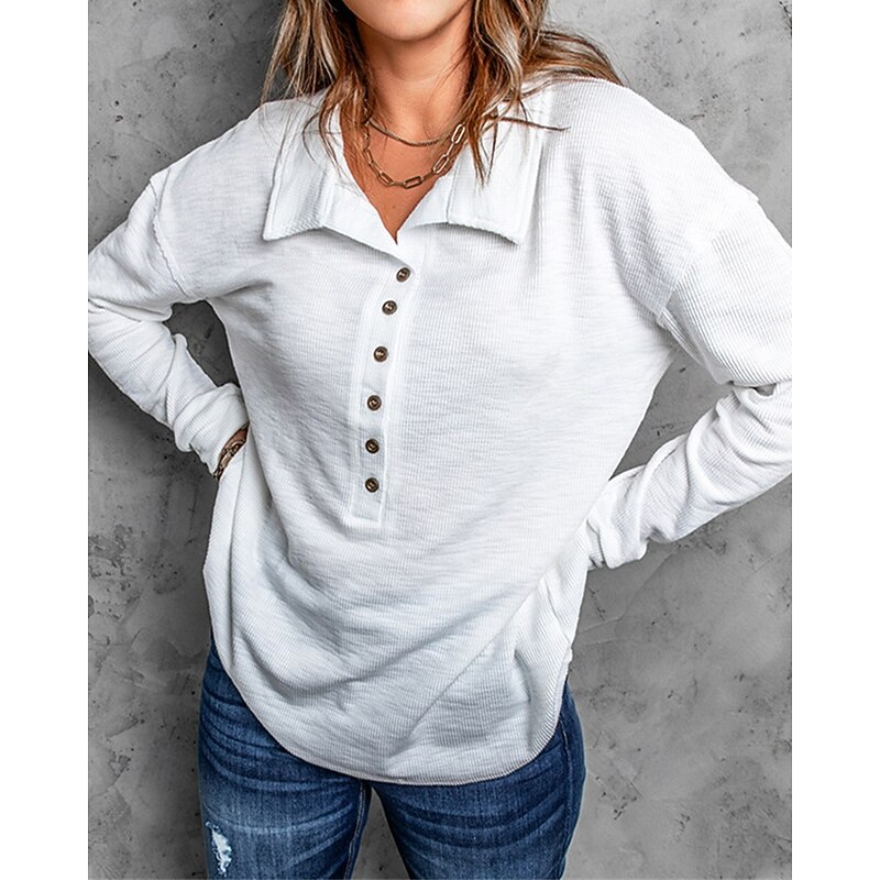 Women's Pullover Plain Streetwear Casual Comfy Long Sleeve V Neck Regular Tops Street Holiday Going out Buttons Quarter Zip Black White Gray Fall2