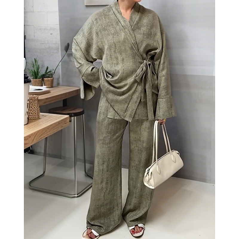 Women's Active Streetwear Blouse Pants Sets Long Sleeve V Neck Solid Color Lace up Daily Casual Daily Green Beige Fall Regular Fit