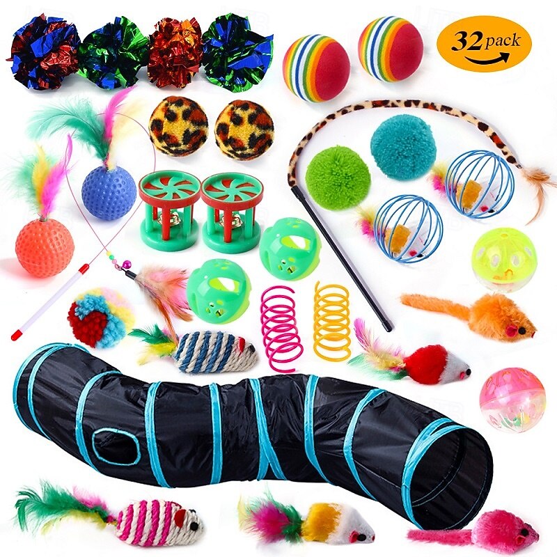 32pcs Ball Feather Toy Mice & Animal Toy Tunnels Squeak Toy with Durable Pet Exercise Releasing Pressure Pet Training Teething Rope Toy for Cat Indoor Outdoor Pet Play2