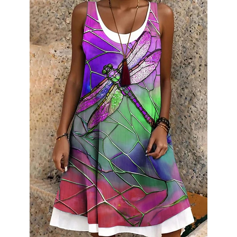Women's Mini Dress Sundress A Line Dress Off The Shoulder Dress Vacation Casual Boho Daily Regular Fit Graphic Animal Dragonfly Sleeveless Crew Neck Blue Purple Green Summer Spring Fall3