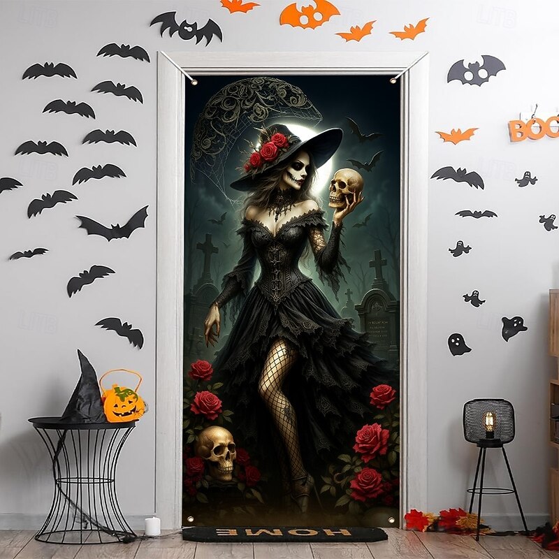 Halloween Door Cover – Witch with Red Roses, Haunted House Entrance Banner, Scary Outdoor & Indoor Decoration for 2025 Halloween Bedroom, Living Room, Bathroom3